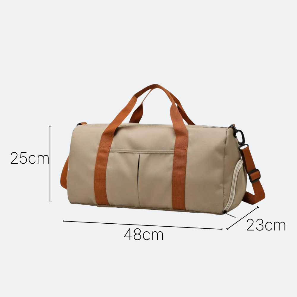 AïtaVia beige cabin luggage bag with brown straps, 48cm x 25cm x 23cm, ideal for travel.