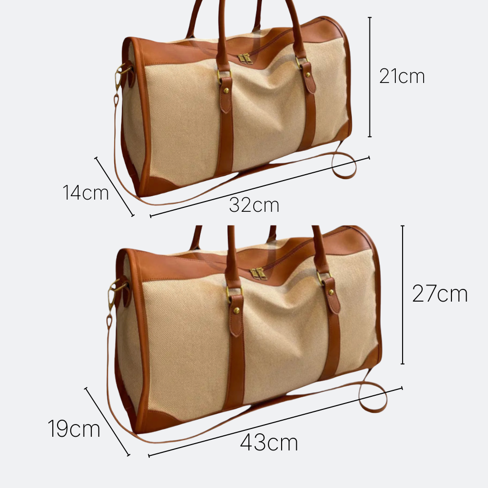 AïtaVia beige canvas and brown leather duffel bag with shoulder strap, ideal for travel and everyday use.