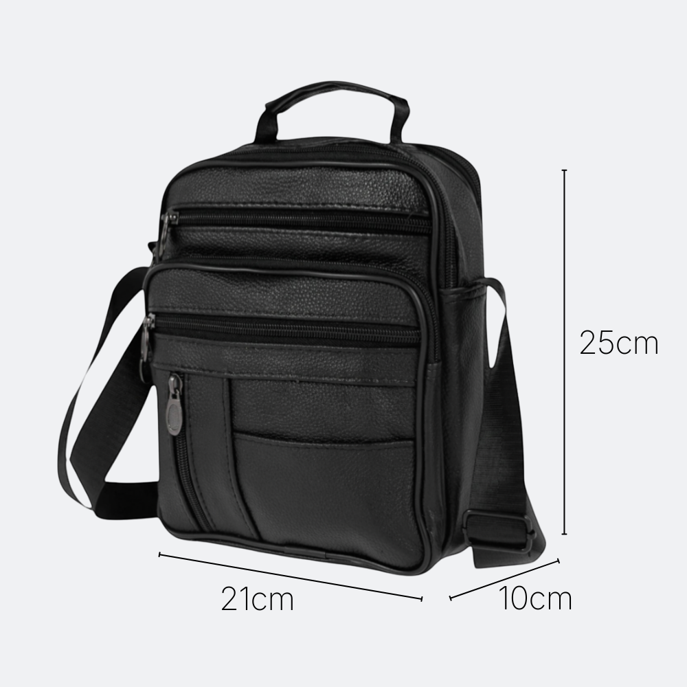 AïtaVia black pebbled leather crossbody bag for men with multiple zippered compartments and adjustable strap.