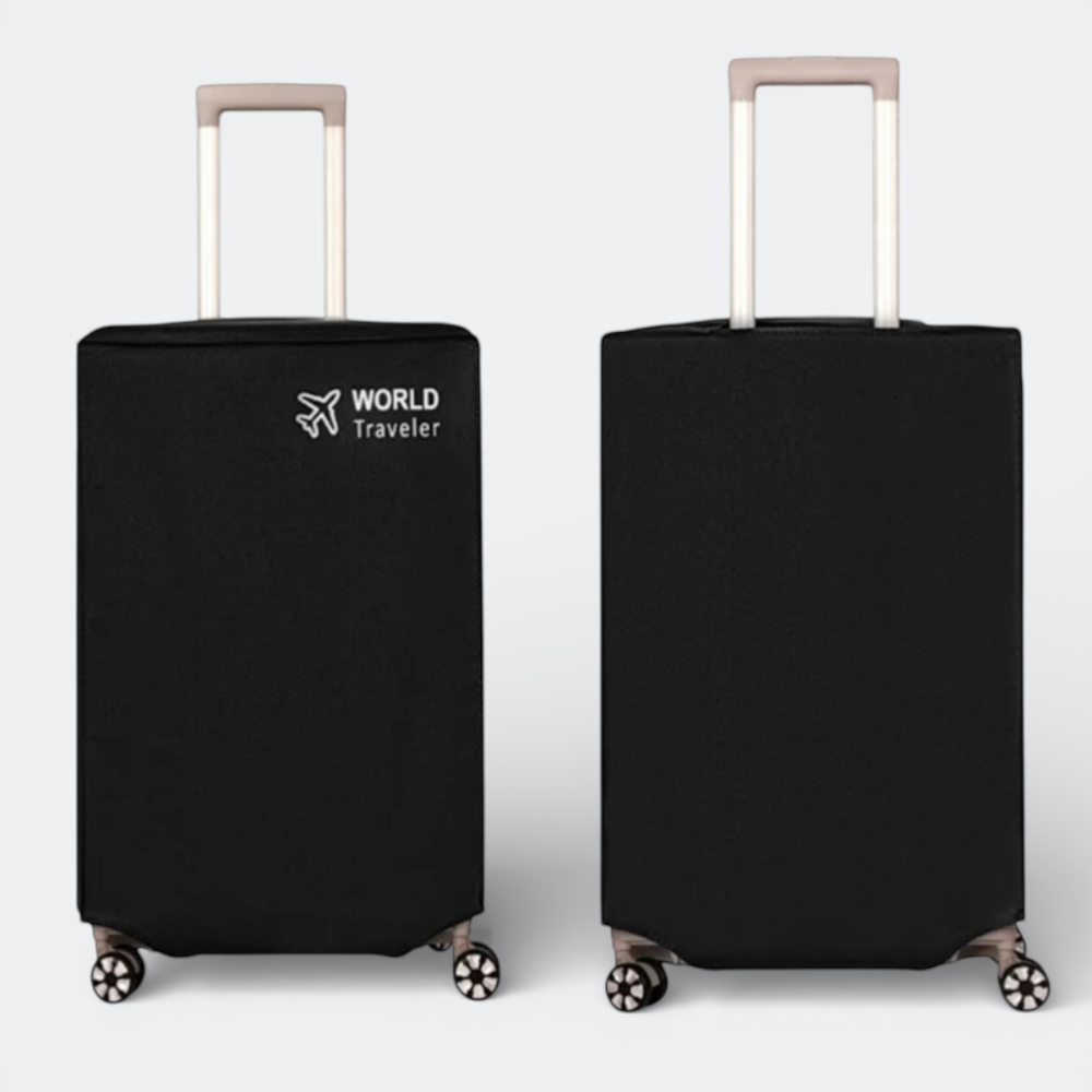 AïtaVia black suitcase cover with "WORLD Traveler" logo, protecting luggage during travel.
