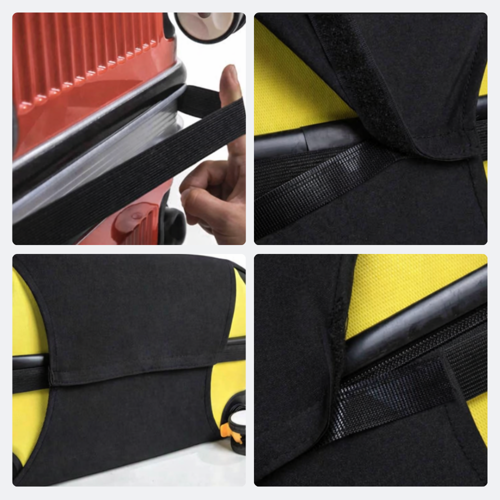 AïtaVia black luggage cover with yellow lining, featuring adjustable straps and velcro closure for travel protection.