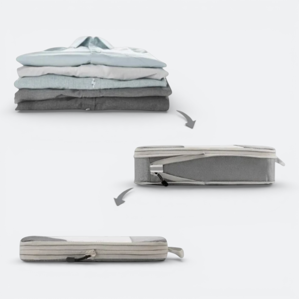 AïtaVia grey compressible packing cube shown flat and expanded, demonstrating how it compresses folded shirts to save space.