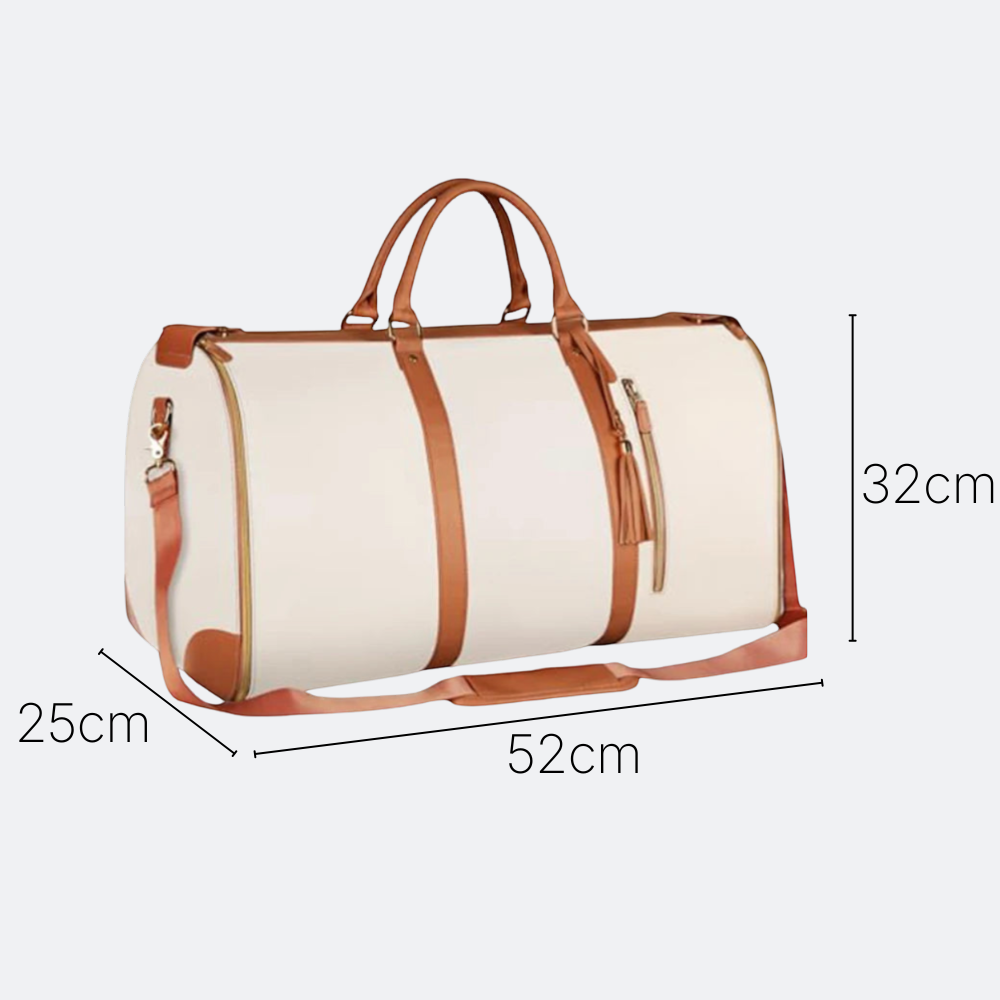 AïtaVia cream duffel bag with brown leather accents and a tassel zipper pull. Includes shoulder strap and handles.