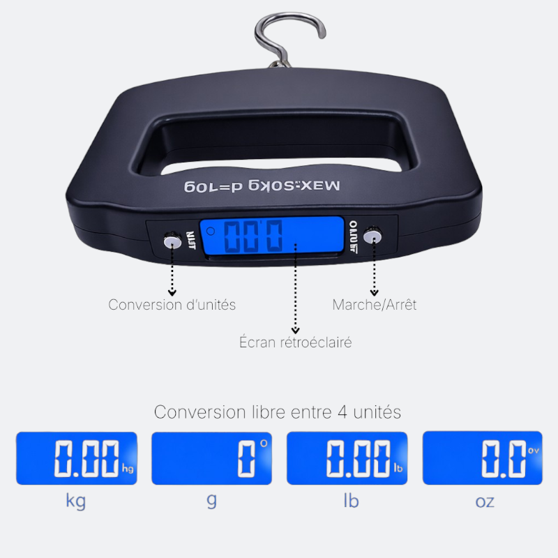 AïtaVia black digital luggage scale with a hook and backlit blue display showing 0.00 kg. Features unit conversion and ON/OFF buttons.