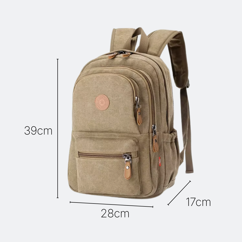 AïtaVia men's khaki canvas vintage backpack with leather accents and multiple zippered pockets. Ideal for travel.