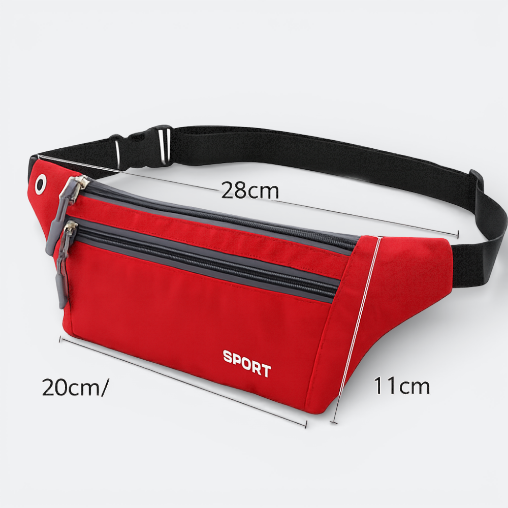 AïtaVia red sport fanny pack with multiple zippered compartments and adjustable strap