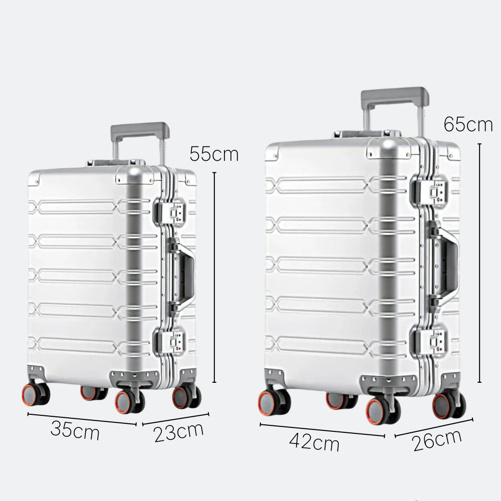AïtaVia silver aluminum hard-shell suitcases with spinner wheels, featuring a ribbed design and TSA locks. Two sizes shown: 55cm and 65cm.