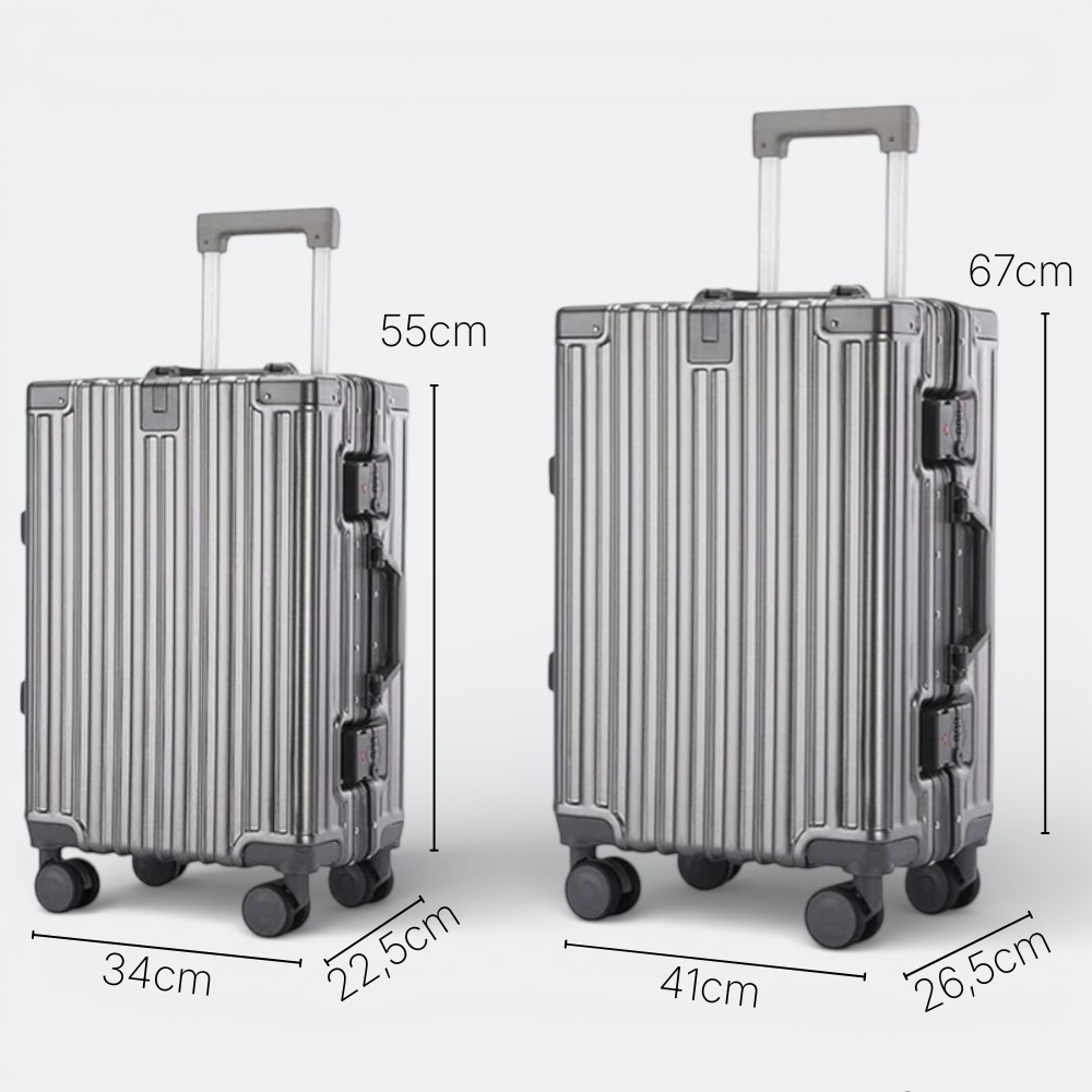 AïtaVia silver ribbed hard-shell suitcase with wheels and telescopic handle, shown in two sizes.