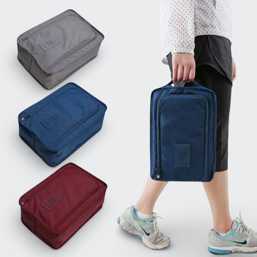 AïtaVia navy blue zippered travel shoe bag, also shown in grey and burgundy. Ideal for organizing footwear in luggage.