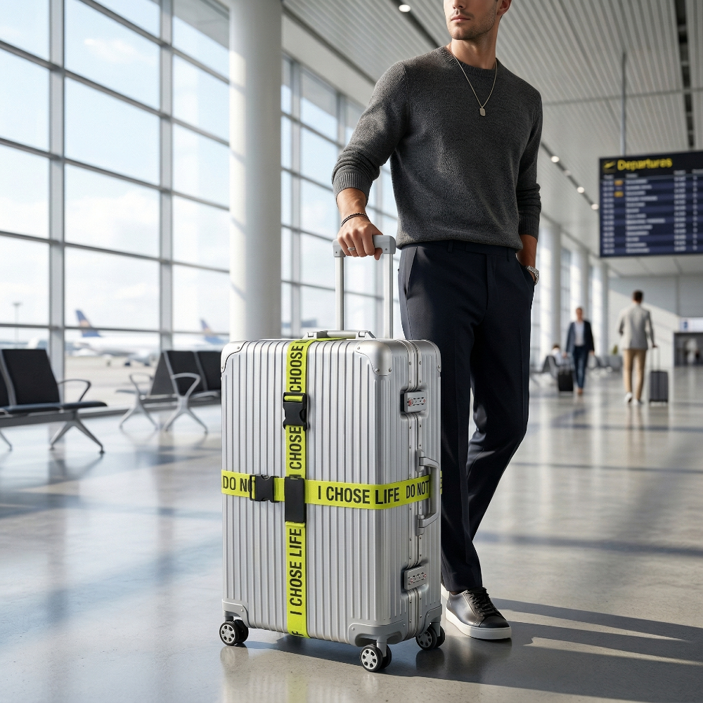 AïtaVia silver suitcase with bright yellow luggage straps featuring "I CHOOSE LIFE" text, secured with a TSA-approved lock.