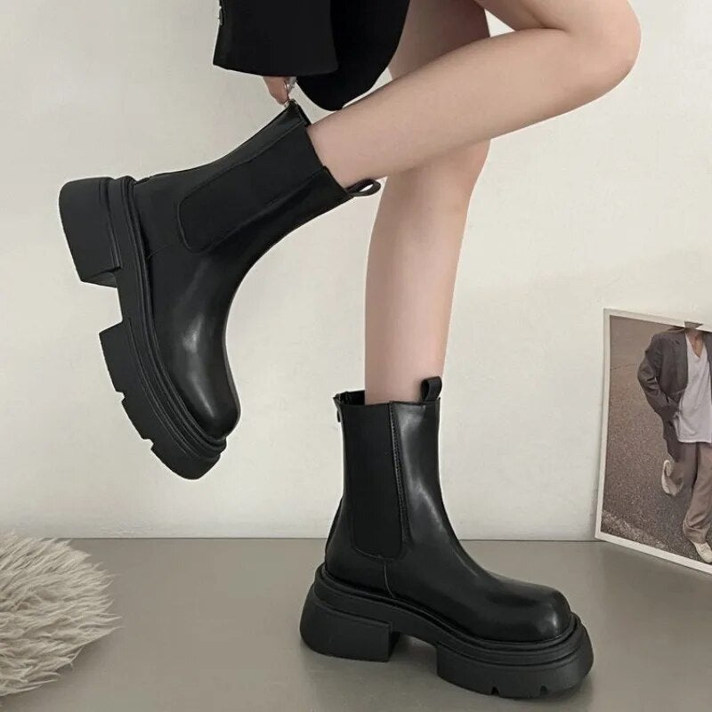 Bottines Noires à Talon Carré en Simili Cuir pour Femmes