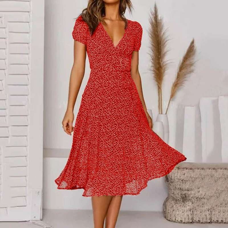 Robe Midi Évasée pour Femmes - Élégance Légère et Encolure en V