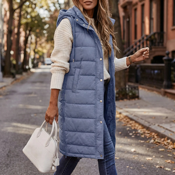 Gilet sans manches long femme à capuche, matelassé et zippé