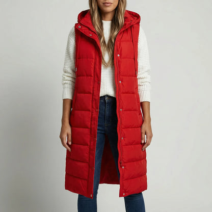 Gilet sans manches long femme à capuche, matelassé et zippé