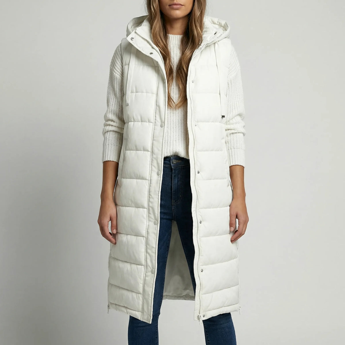Gilet sans manches long femme à capuche, matelassé et zippé