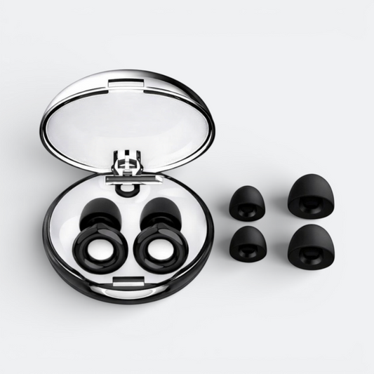 AïtaVia black silicone airplane earplugs with pressure relief, in a sleek silver case with extra tips.