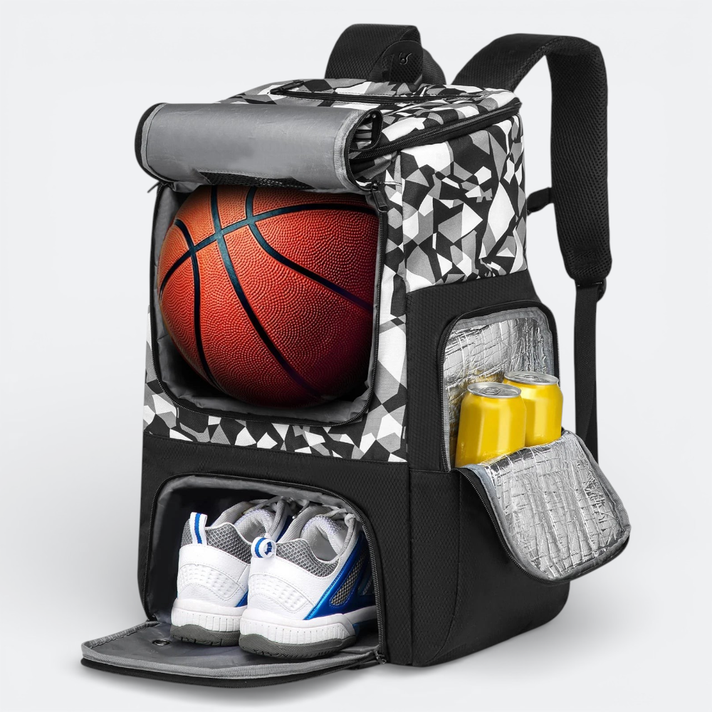 AïtaVia black and white geometric basketball backpack with a basketball, shoes, and drinks compartments.