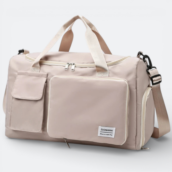 AïtaVia beige nylon weekender bag with multiple pockets and adjustable strap, perfect for travel.