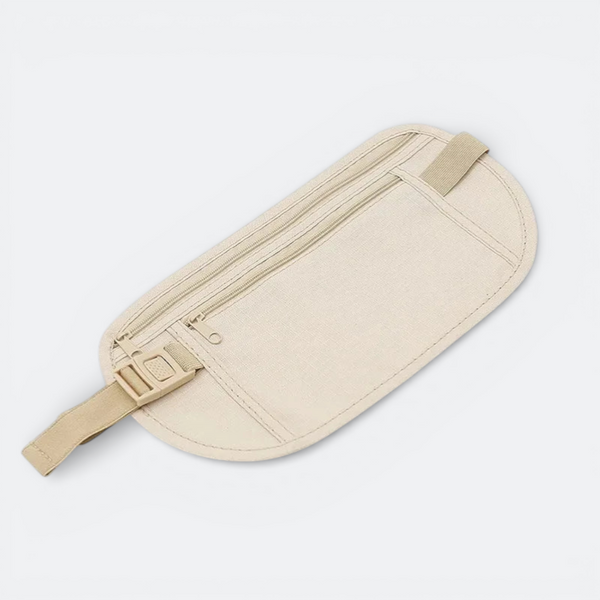 AïtaVia beige fabric travel belt with two zippered compartments and adjustable strap with buckle.
