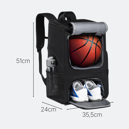 AïtaVia black basketball backpack with separate compartments for a basketball and shoes, and a water bottle holder.