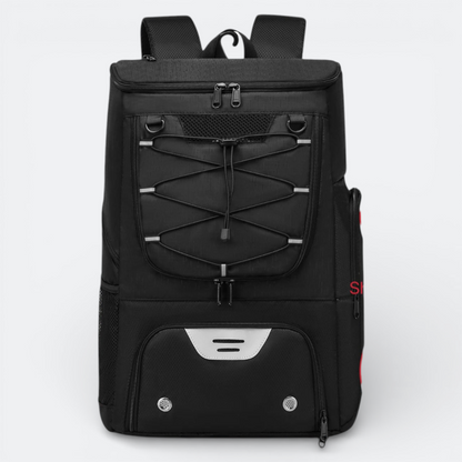 AïtaVia black basketball backpack with multiple compartments, bungee cord front, and reflective accents. Ideal for sports gear.