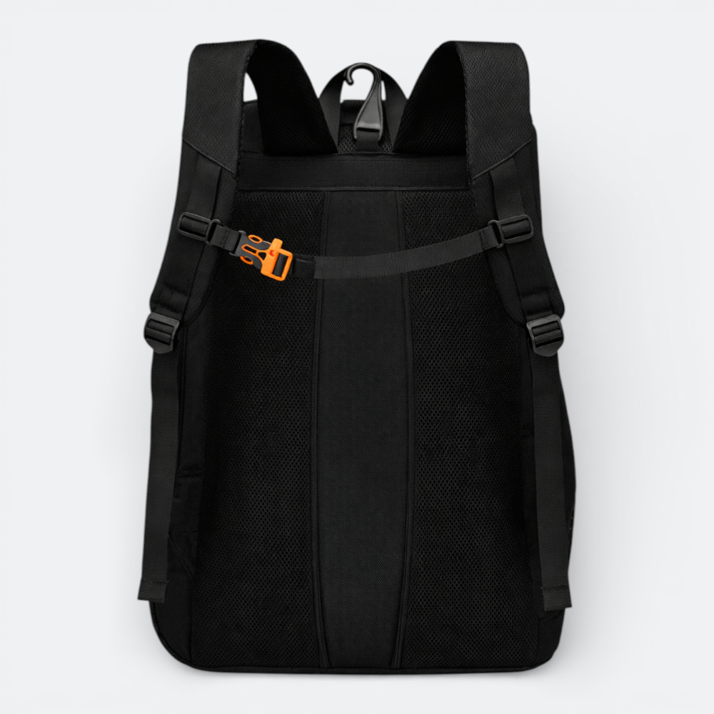 AïtaVia black basketball backpack with padded straps, mesh back panel, and orange buckle detail.