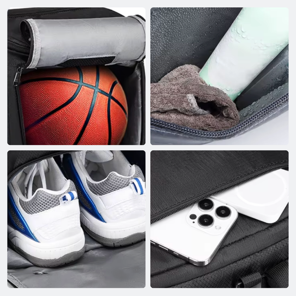 AïtaVia black basketball backpack with dedicated compartments for a basketball, shoes, and a phone.