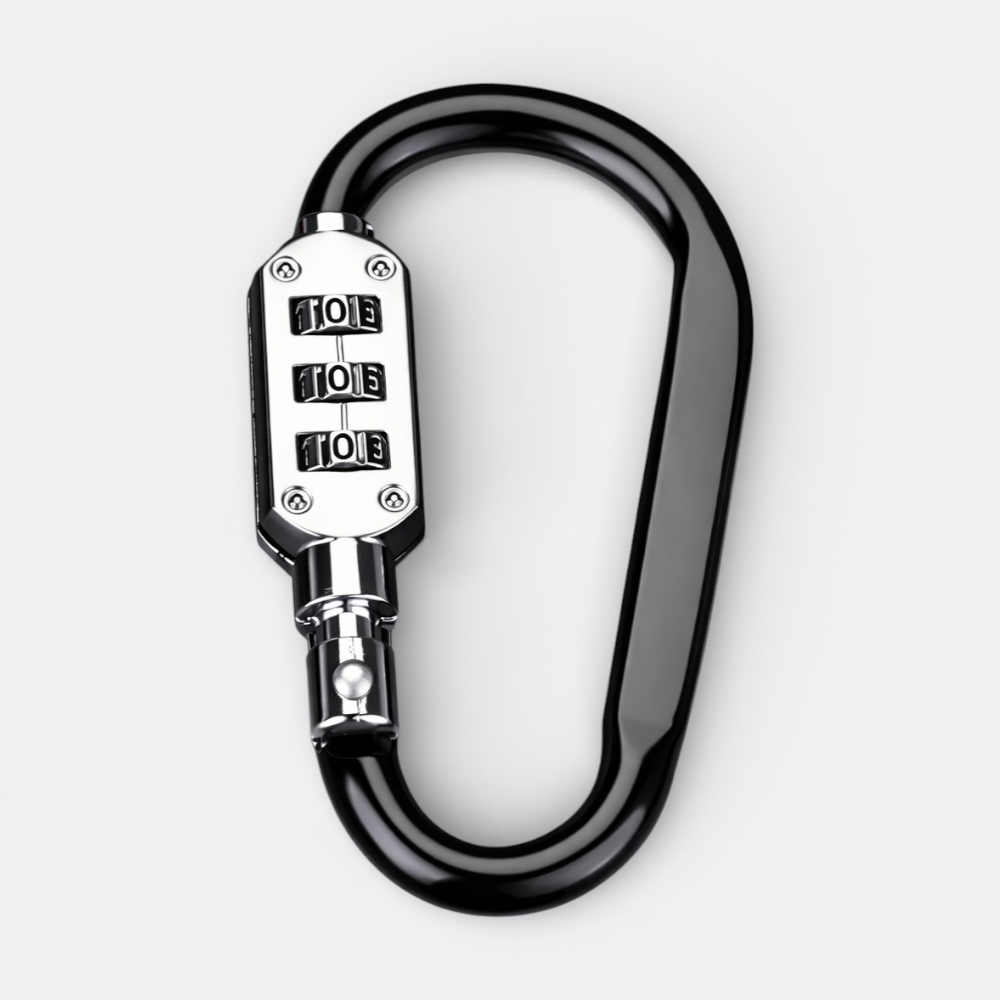 AïtaVia black carabiner luggage lock with a 3-digit combination lock mechanism for travel security.