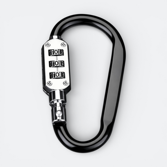 AïtaVia black carabiner luggage lock with a 3-digit combination lock mechanism for travel security.