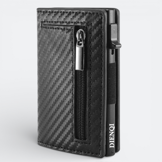 AïtaVia black carbon fiber RFID blocking card holder with zippered pocket and card ejector.