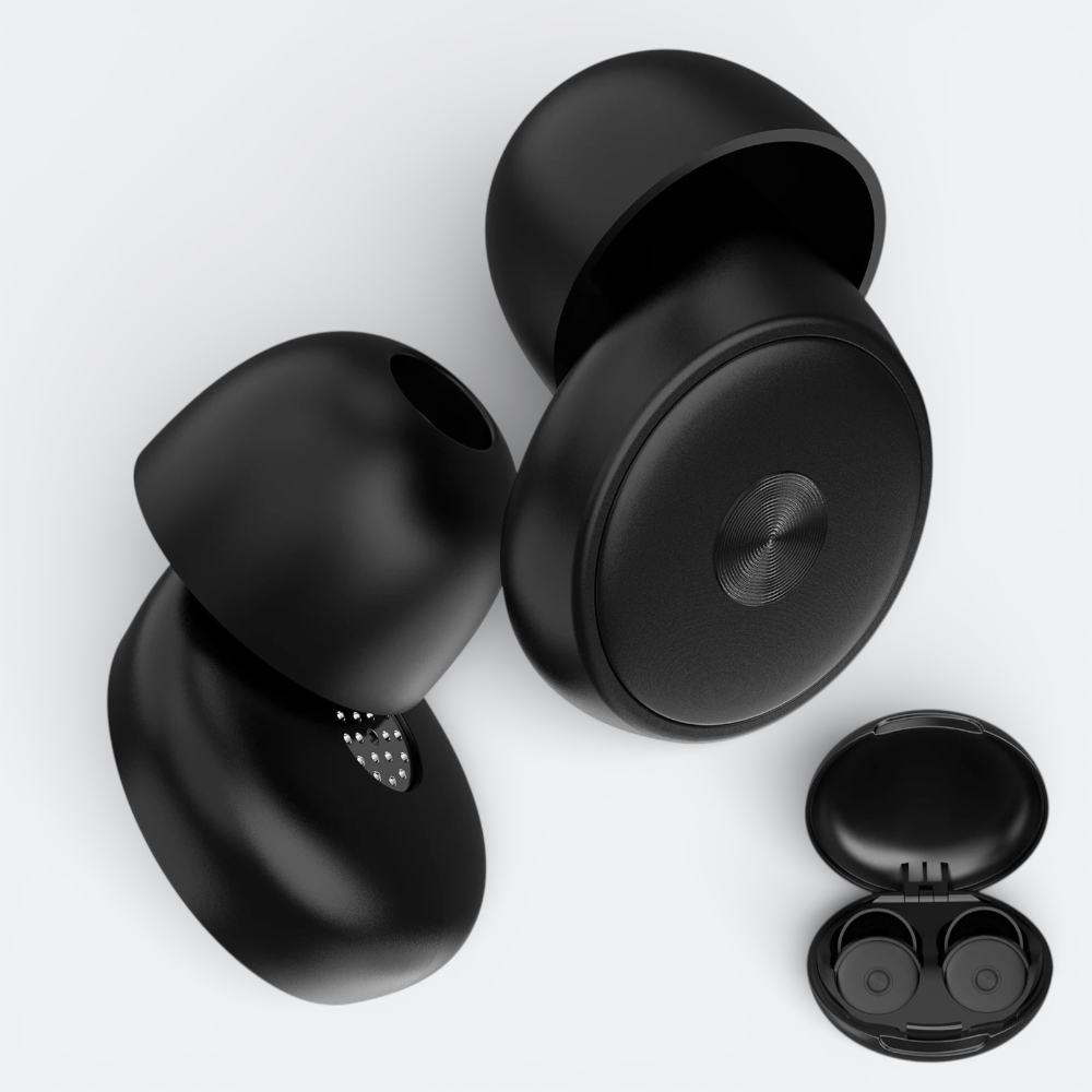 AïtaVia black comfortable earplugs with a charging case, ideal for travel and sleep.