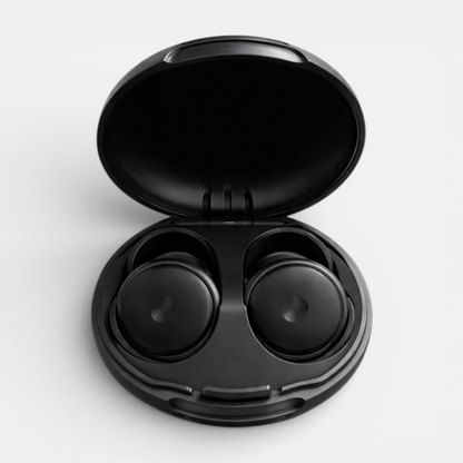 AïtaVia black comfortable earplugs in open travel case, ideal for noise reduction during travel.