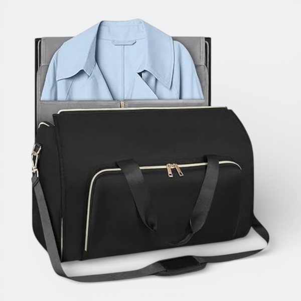 AïtaVia black convertible duffel bag with shoulder strap, designed for travel and can be worn as a crossbody bag.