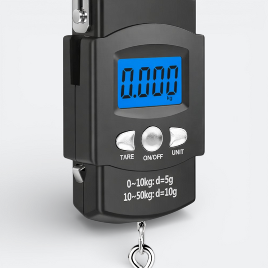 AïtaVia black digital handheld luggage scale with blue LCD screen and metal hook.