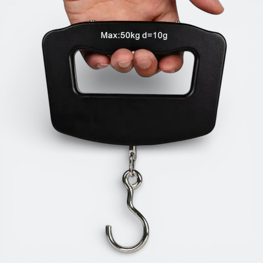 AïtaVia black digital luggage scale with metal hook, displays Max:50kg d=10g