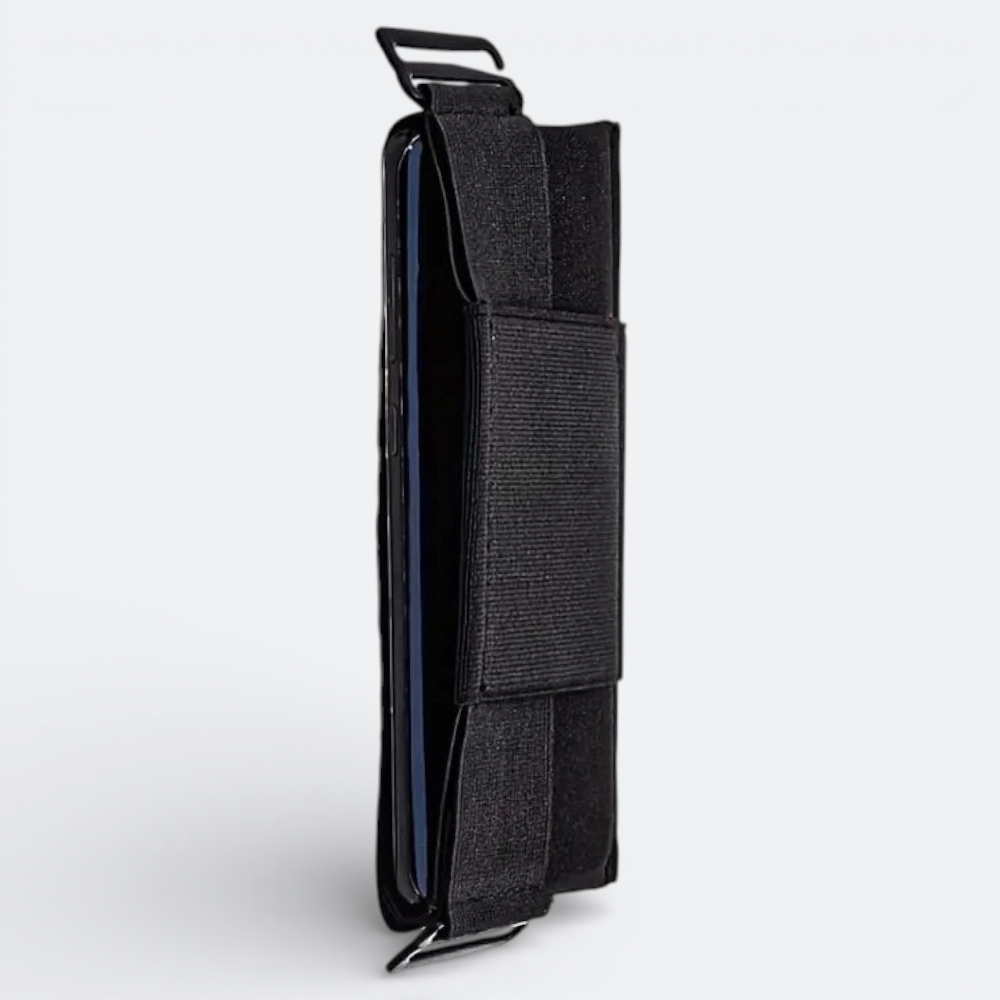 AïtaVia black elastic travel phone belt pouch, discreet and secure for essentials.