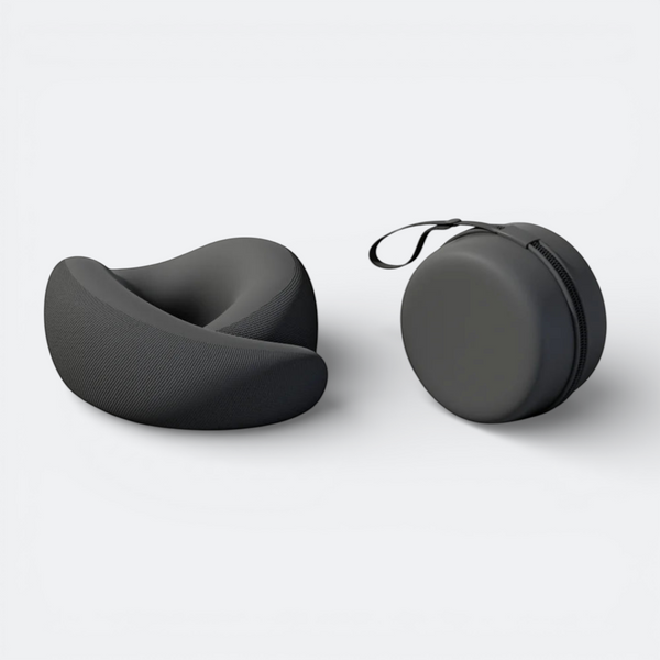 AïtaVia black ergonomic travel neck pillow with a compact carrying case. Features a contoured design for optimal neck support during travel.