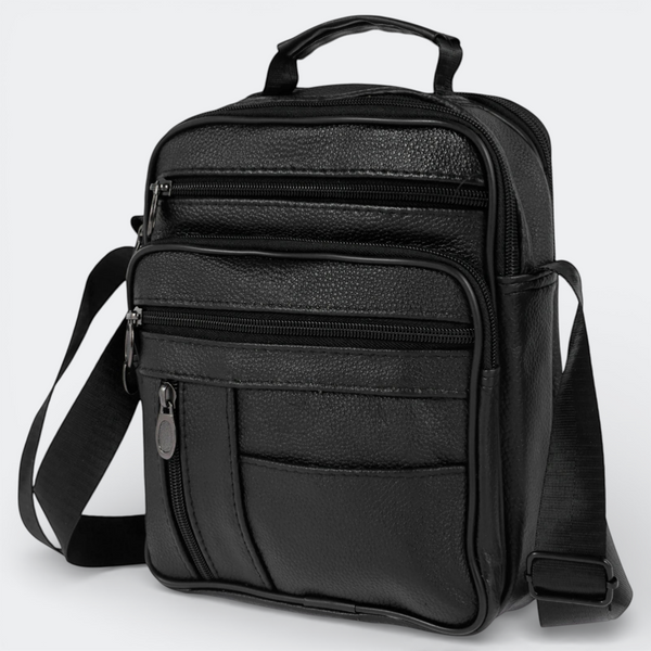 AïtaVia black faux leather crossbody bag for men with multiple zippered compartments and adjustable strap.