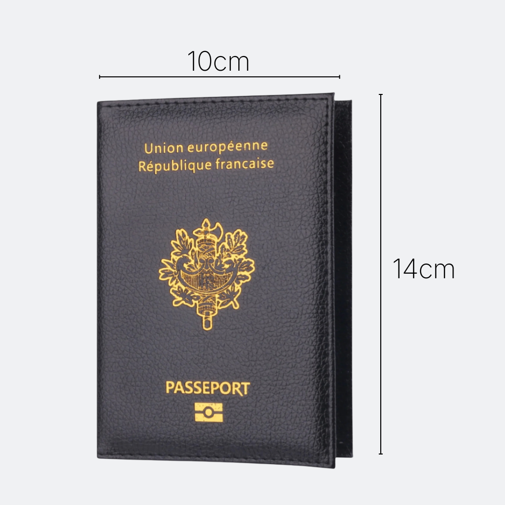 AïtaVia black faux leather passport holder with gold French emblem and "PASSEPORT" text. Measures 10x14cm.