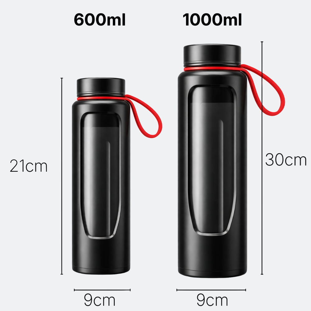AïtaVia black glass water bottle with red loop, available in 600ml and 1000ml sizes.