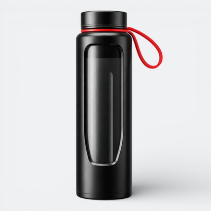 AïtaVia black glass water bottle with red loop handle and clear window detail.