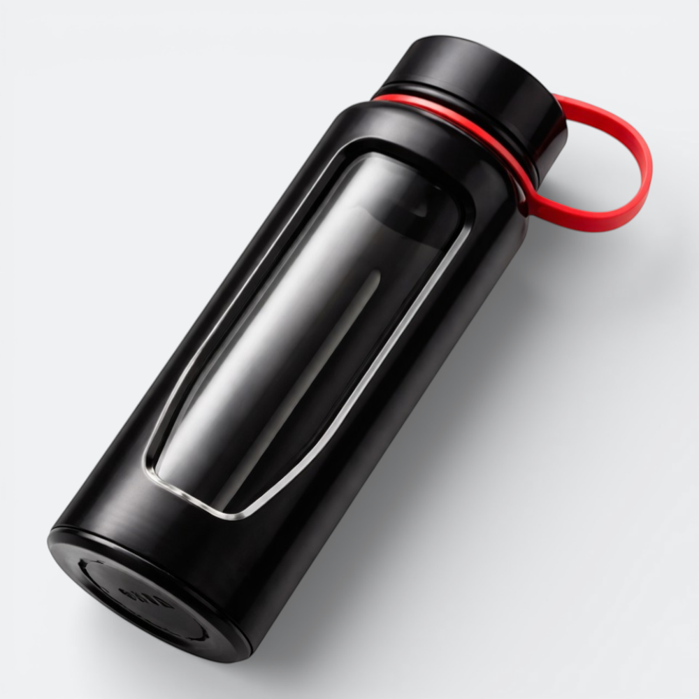 AïtaVia black glass water bottle with red loop handle and clear window detail.