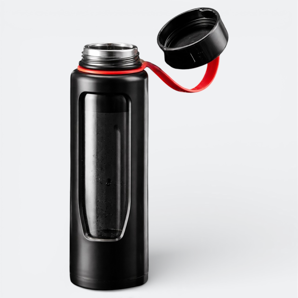 AïtaVia black glass water bottle with red loop and black lid, featuring a clear window.