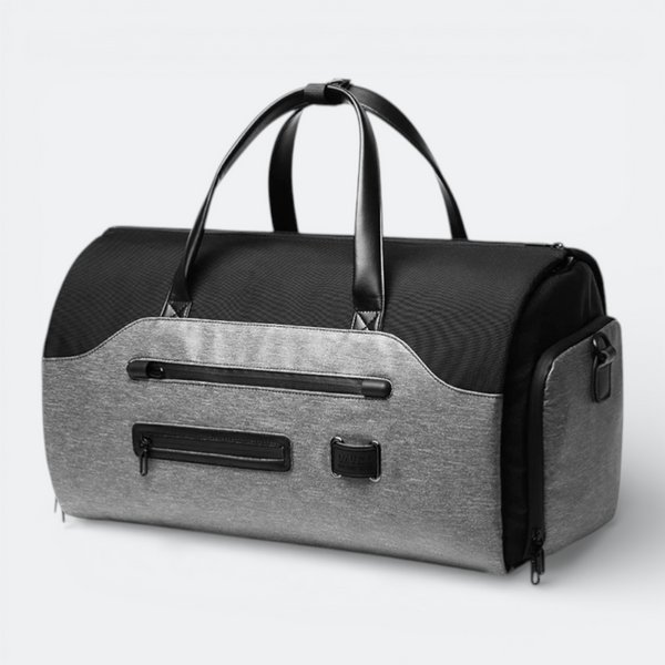 AïtaVia black and grey duffel bag for men, made of durable fabric with leather handles and multiple zippered pockets.