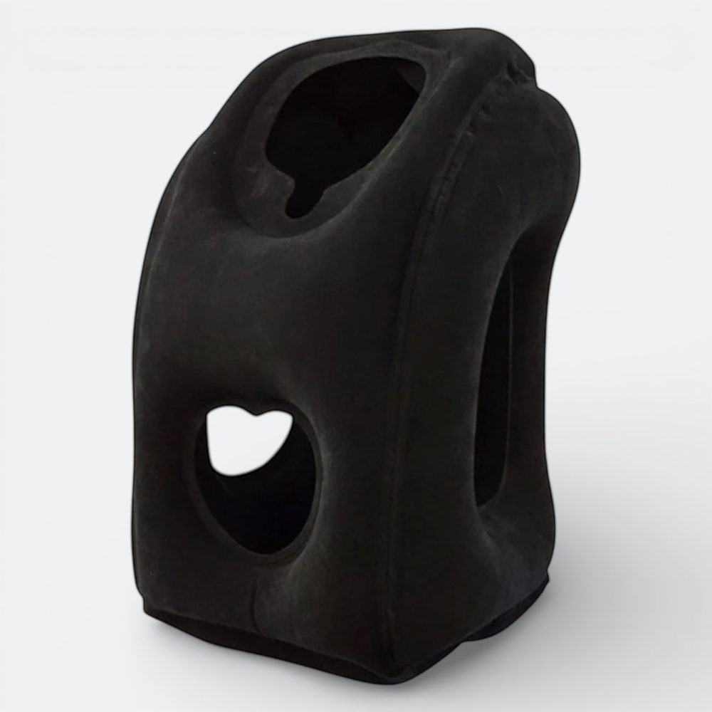 AïtaVia black inflatable travel pillow with ergonomic design for neck support and comfort during journeys.