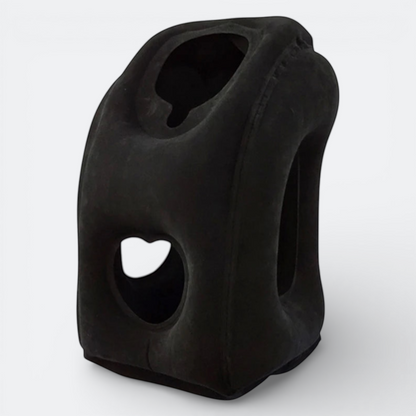 AïtaVia black inflatable travel pillow with ergonomic design for neck support and comfort during journeys.