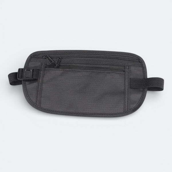 AïtaVia black nylon invisible travel money belt with multiple zippered compartments and adjustable elastic strap.
