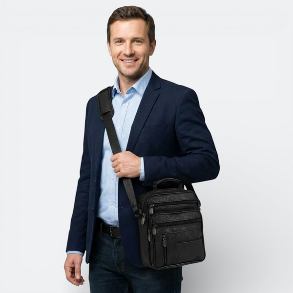 AïtaVia black leather crossbody bag for men with multiple zippered compartments, worn by a man in a suit.