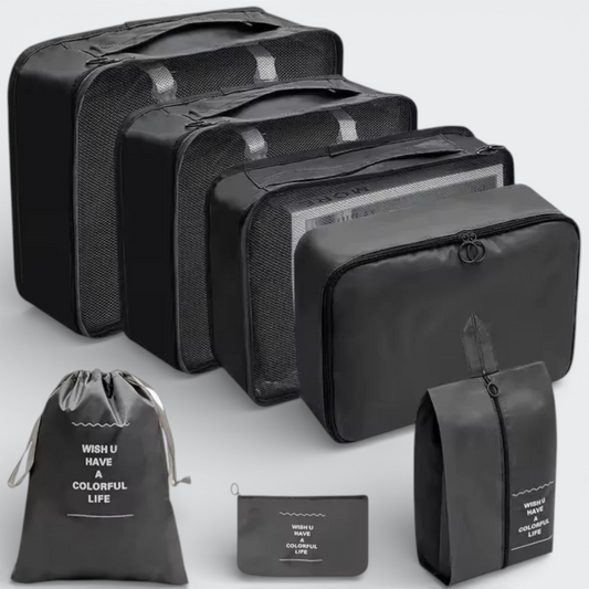 AïtaVia black luggage organizer set with mesh cubes and zippered pouches for travel.