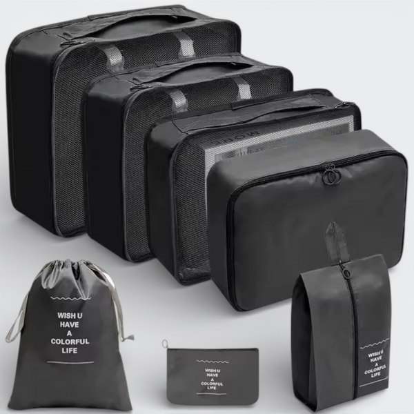 AïtaVia black luggage organizer set with mesh cubes and zippered pouches for travel.